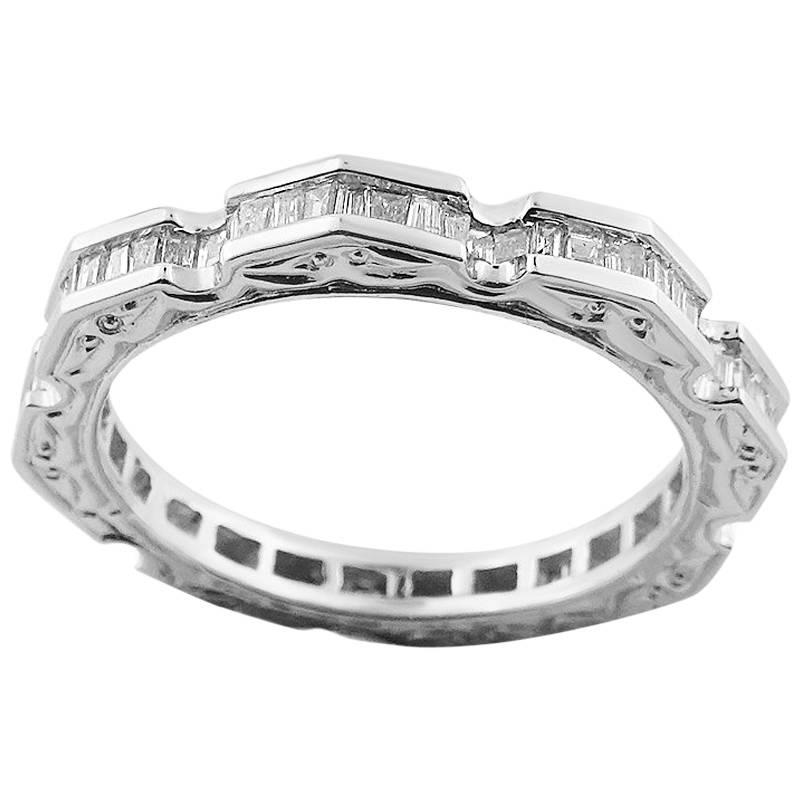 White Gold Wedding Band with Emerald Cut 0.77 ct Diamonds Ring For Sale