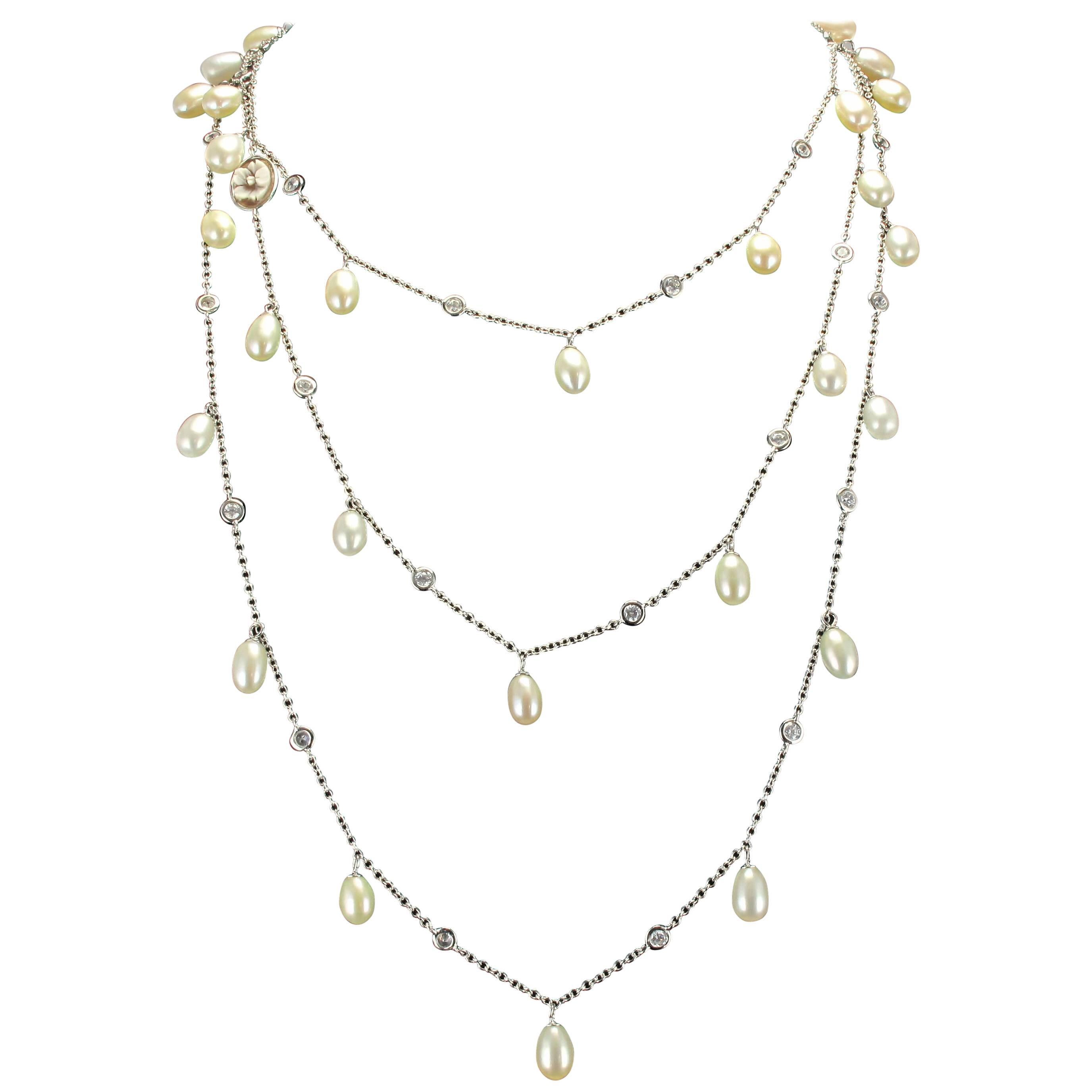 Italian White Vermeil Cultured Pearls Crystals Cameo Long Necklace