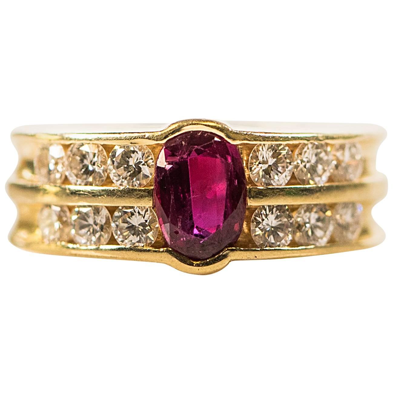 1950s GAL Certified 0.75 Carat Oval Ruby and Diamond 14K Gold Ring For Sale