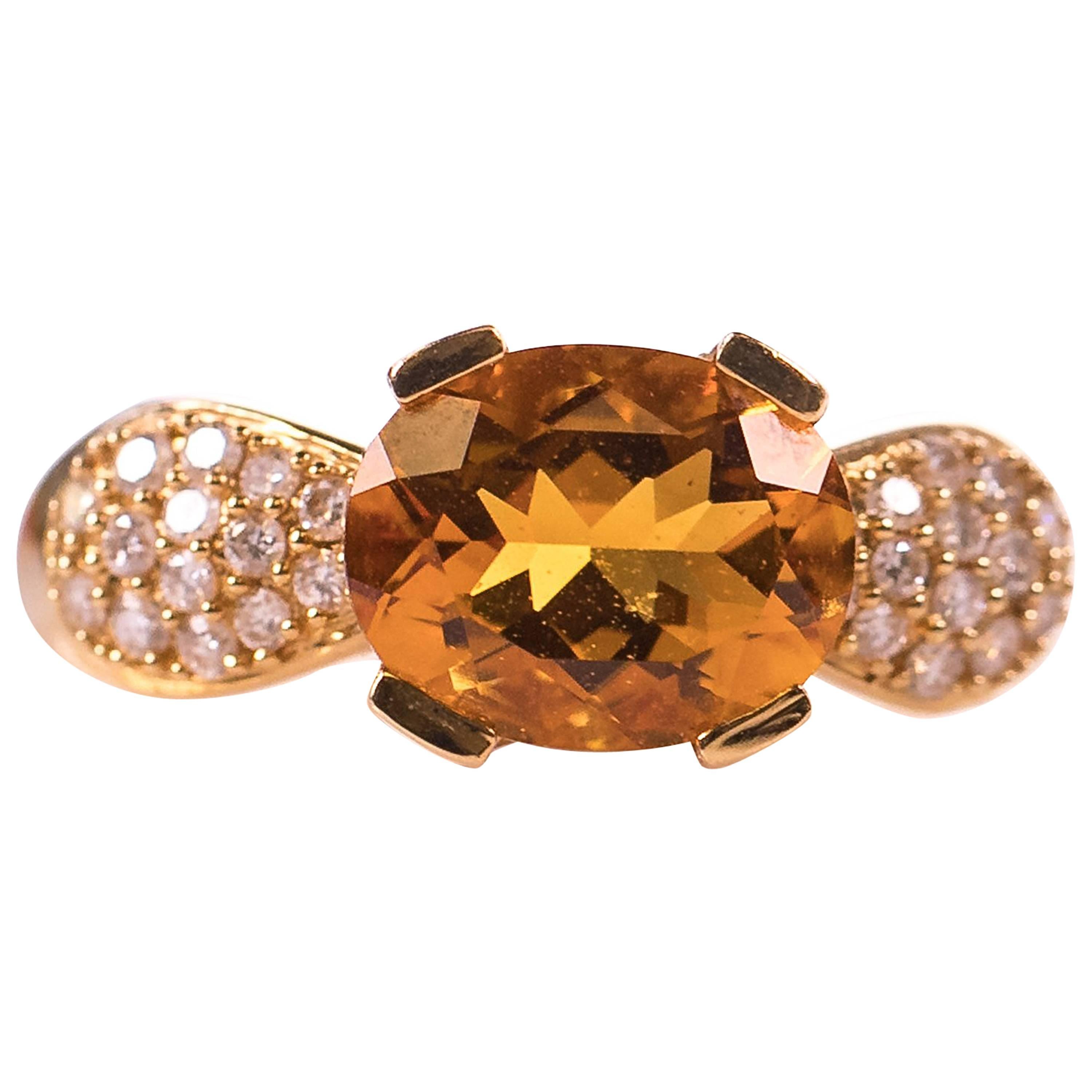 3 Carat Citrine and Diamond 18K Gold Ring