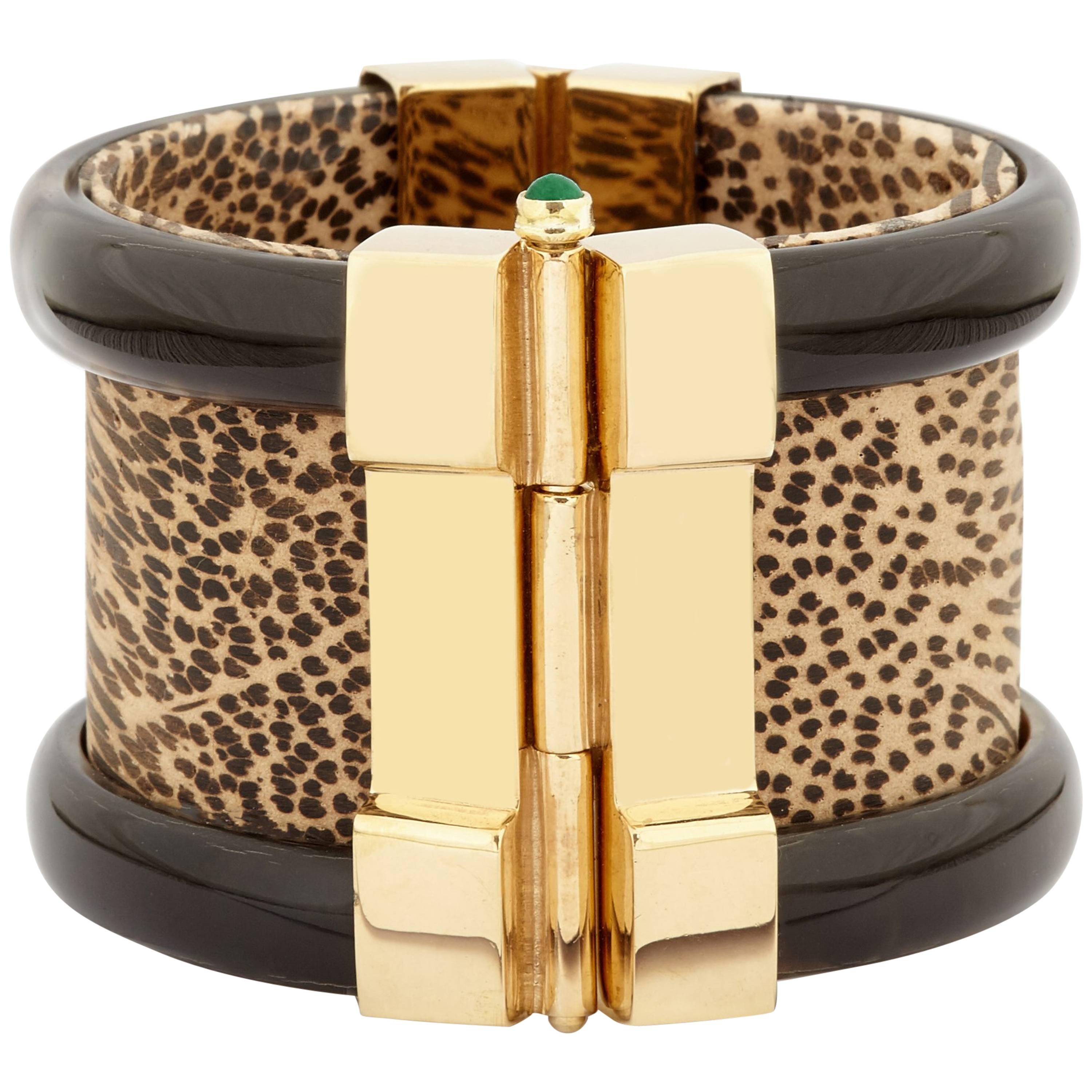 Cuff Bracelet Ruby Emerald Leopard Horn Diana Vreeland For Sale