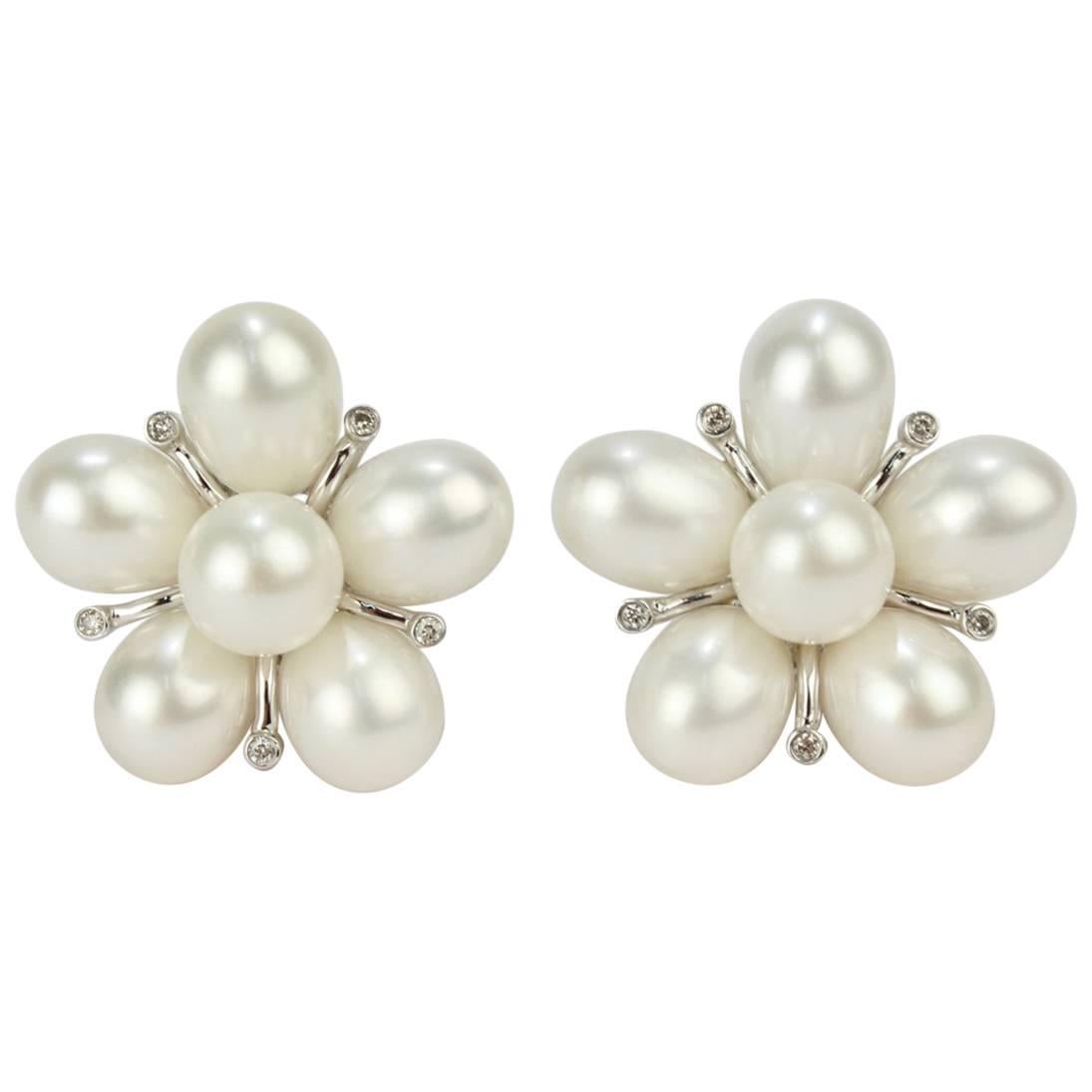 14 Karat White Gold, Diamond and Pearl Cluster Floriform Clip Earrings