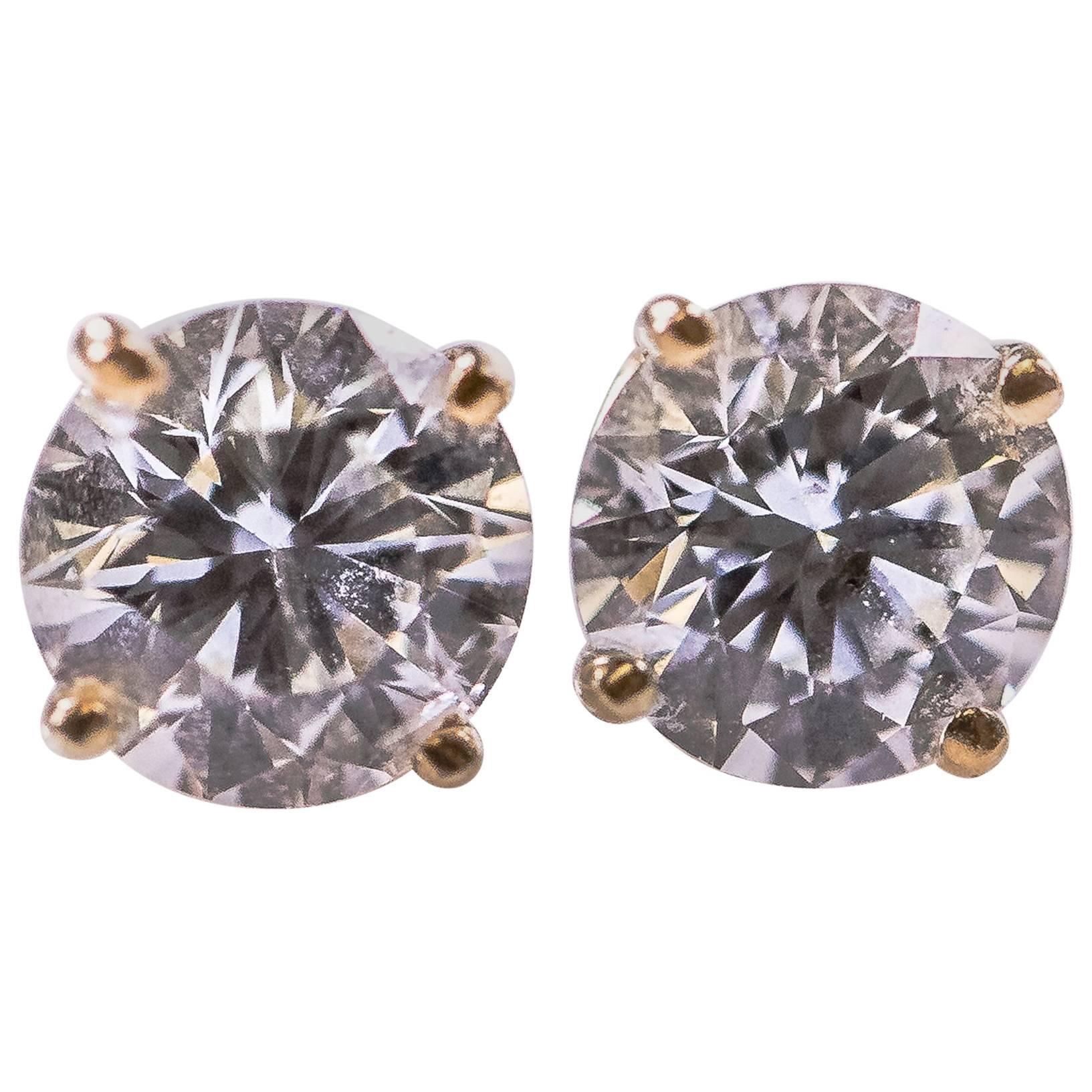 1.50 Carat Diamond and 14K Gold Stud Earrings For Sale