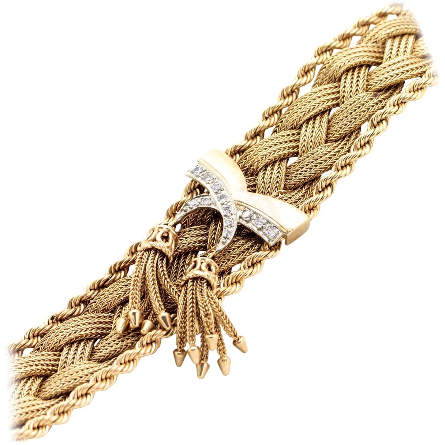 Vintage 1940s Braided Gold and Tassel bracelet with Diamonds, Handmade Bracelet For Sale