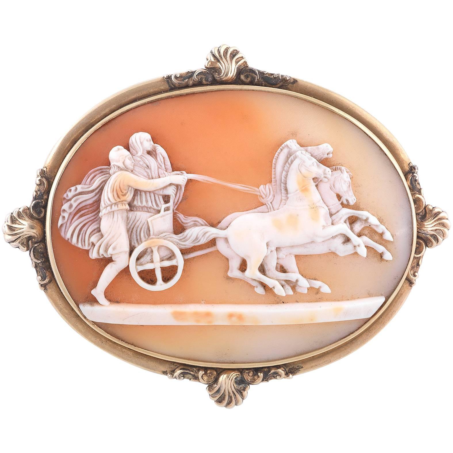 Shell Cameo Brooch Depicting Nike & Mars in Chariot Three Horses