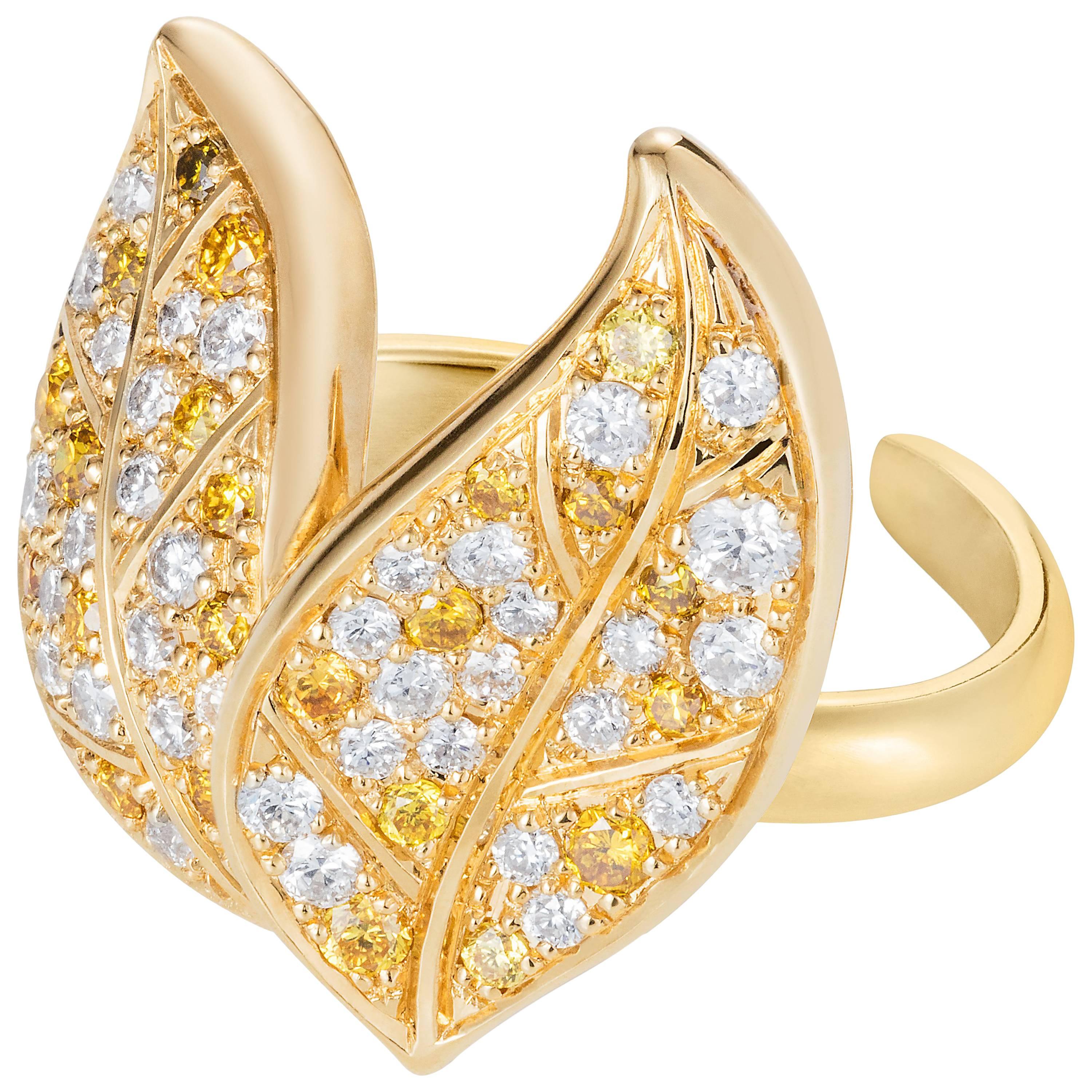 Nadine Aysoy Petite Feuilles 18 Karat Gold, Yellow and White Diamond Ear Cuff For Sale