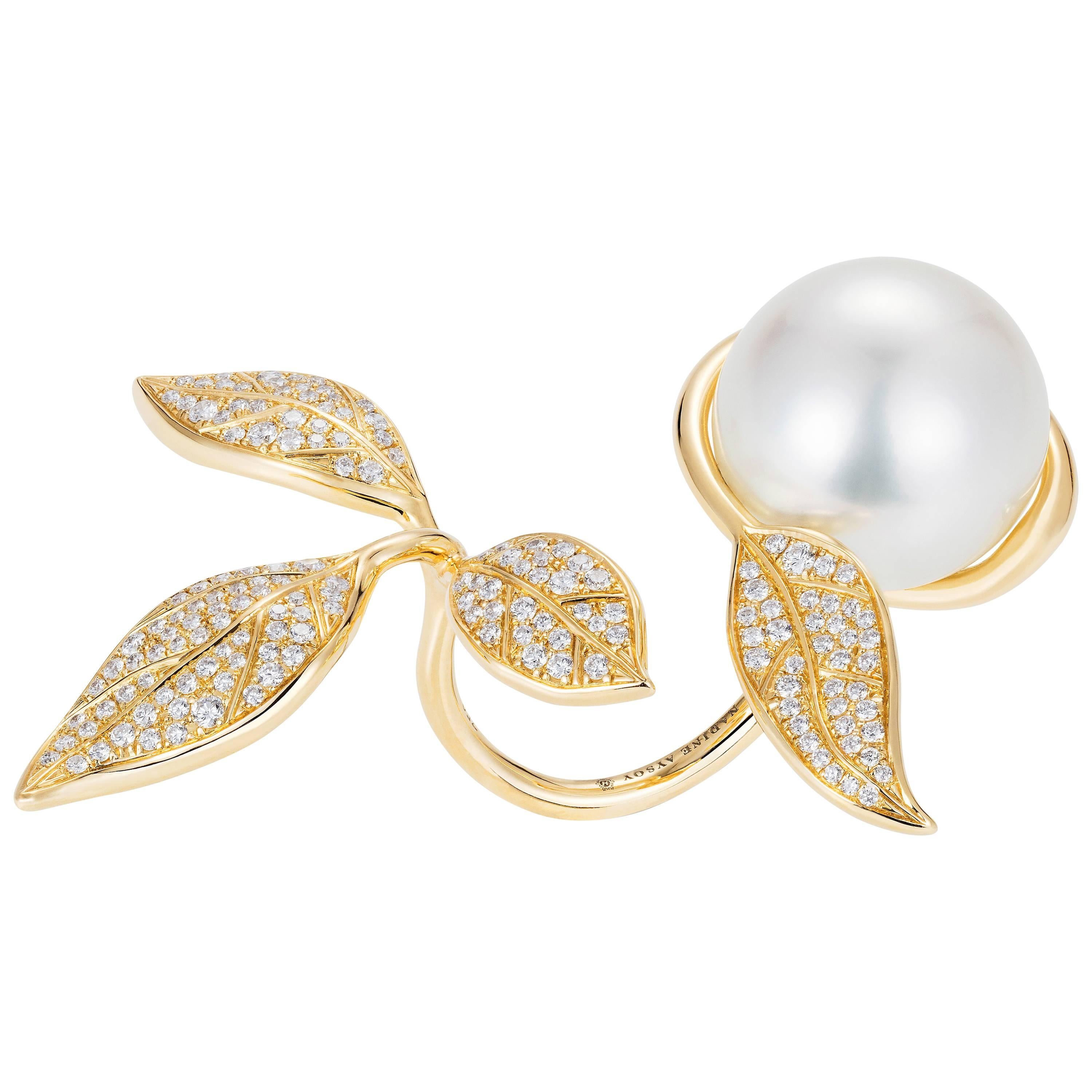 Nadine Aysoy 18Karat Yellow Gold, Diamond and South Sea Pearl Leaf Cocktail Ring For Sale