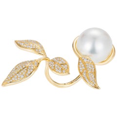 Nadine Aysoy 18Karat Yellow Gold, Diamond and South Sea Pearl Leaf Cocktail Ring