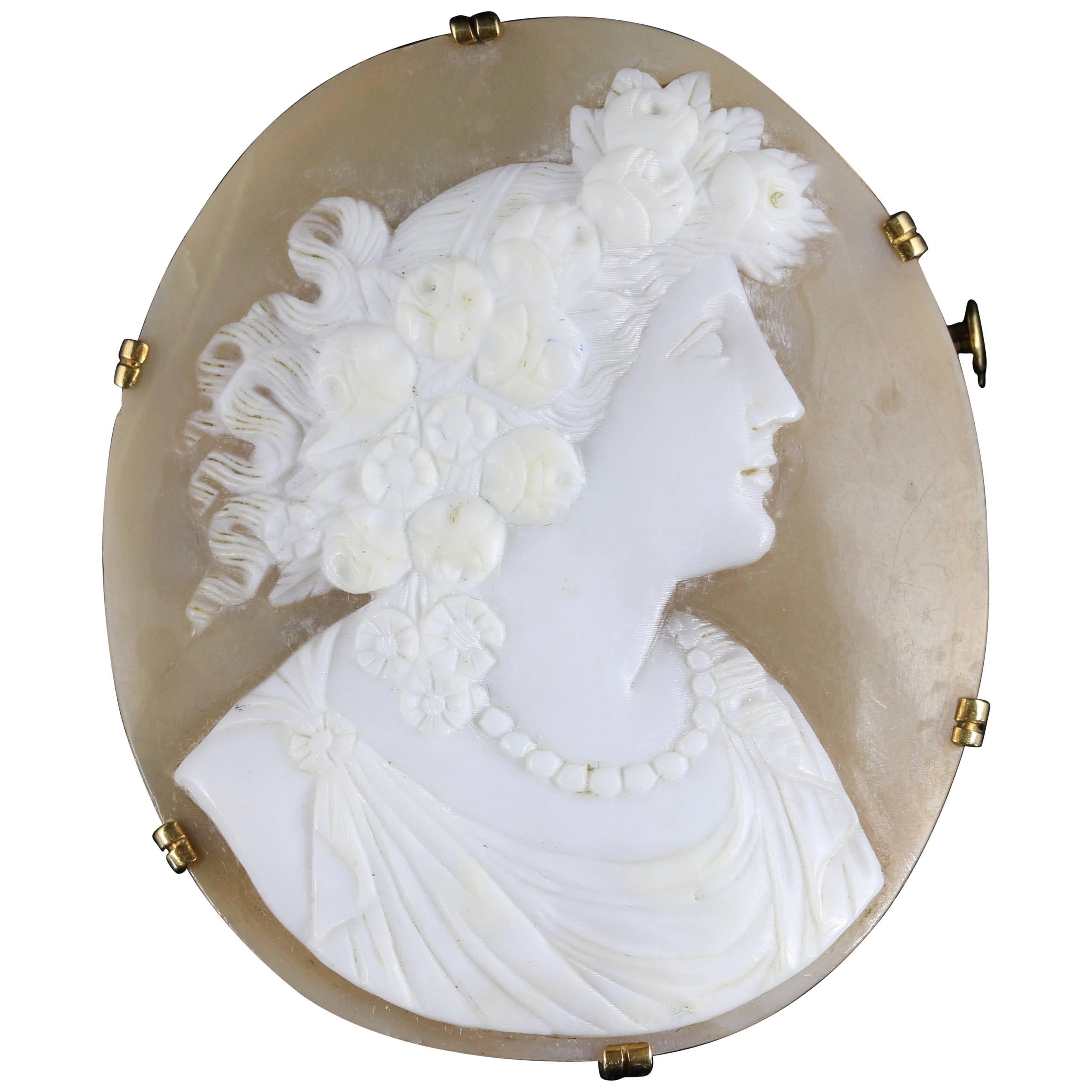 Antique Victorian Shell Cameo Brooch French circa 1880 18 Carat Gold For Sale