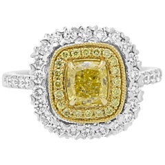 Fancy Yellow Cushion Diamond Double Halo Two-Color Gold Bridal Cocktail Ring