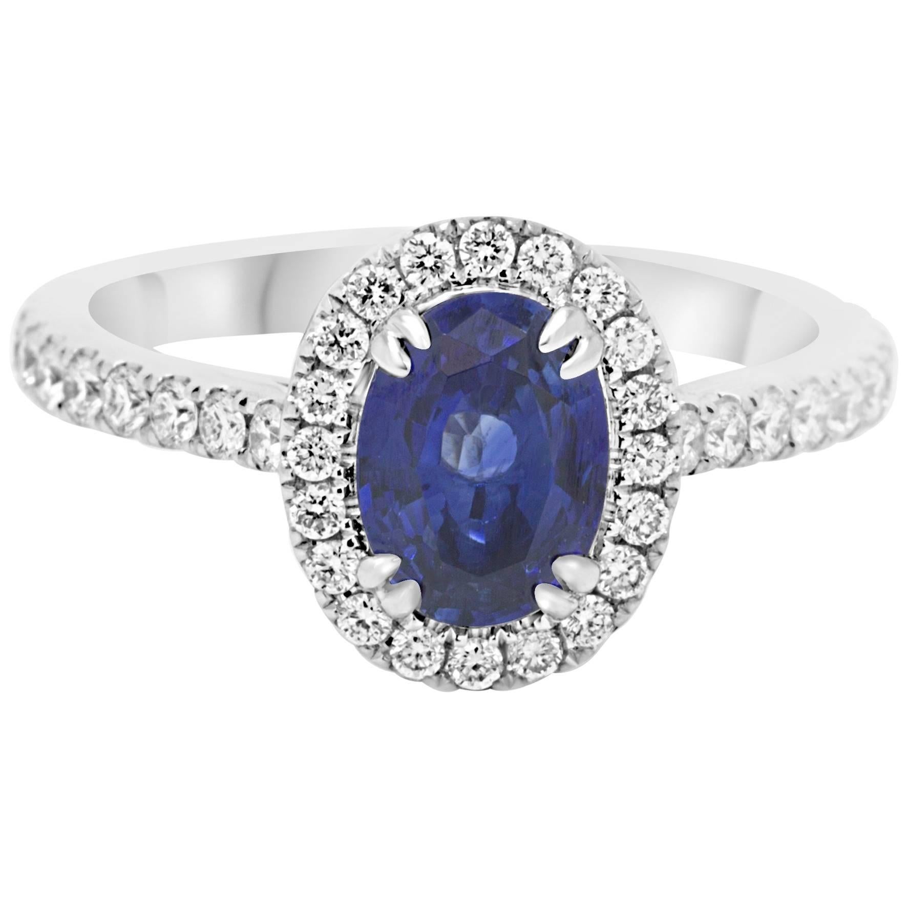 Blue Sapphire Oval Diamond Round Halo White Gold Bridal Fashion Cocktail Ring