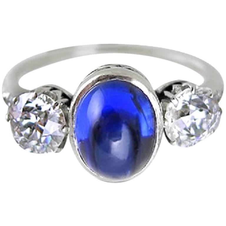 Antique Cabochon Sapphire and Old Mine-Cut Diamond Ring For Sale