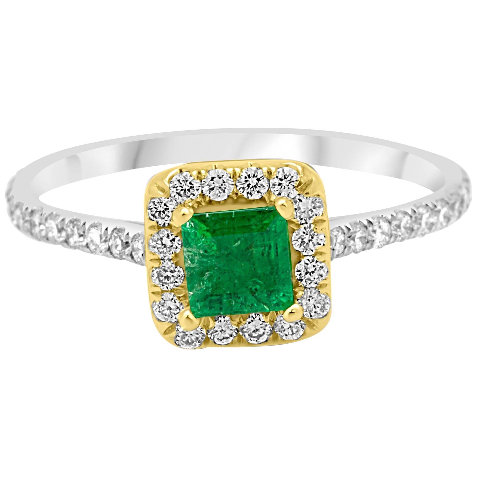 Emerald Square Diamond Round Halo Two-Color Gold Bridal Fashion Cocktail Ring