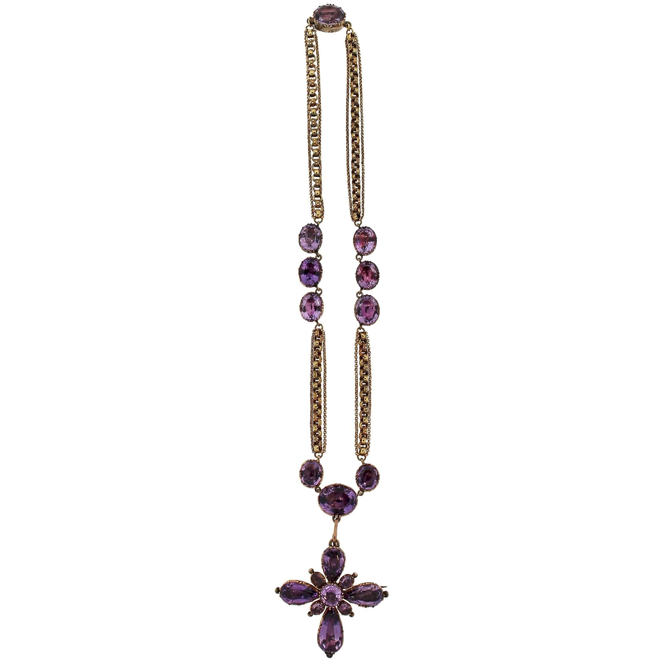 Early Victorian Amethyst Maltese Cross Gold Necklace