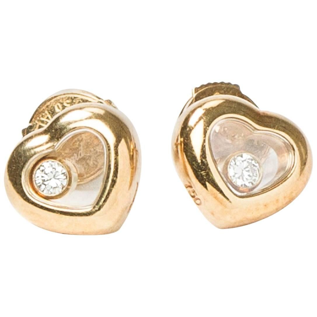 Chopard Yellow Gold White Diamond Heart Stud Earrings 