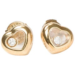 Vintage Chopard Yellow Gold White Diamond Heart Stud Earrings