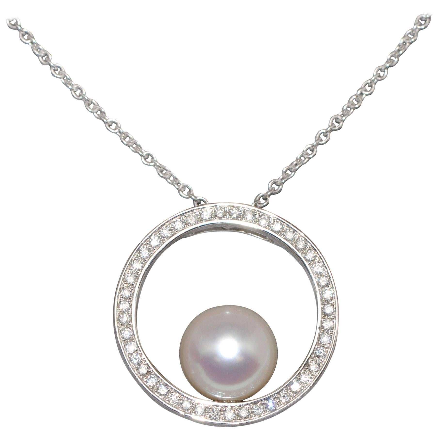 Cultured Pearl and White Diamonds on White Gold Chain Balanced Pendant Necklace