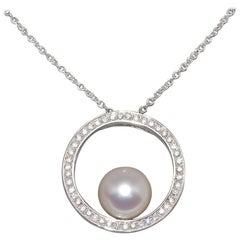 Cultured Pearl and White Diamonds on White Gold Chain Balanced Pendant Necklace