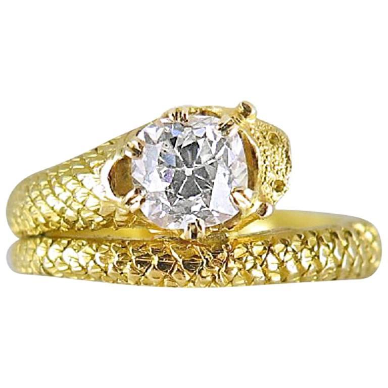 Antique Gold and Cushion-Shaped Diamond Snake Ring For Sale