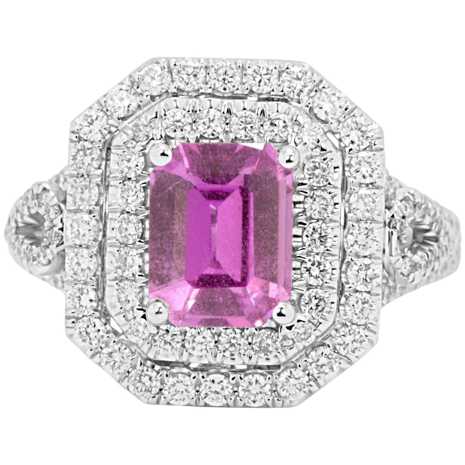 GIA Certified No Heat Pink Sapphire Diamond Double Halo Bridal Fashion  Ring