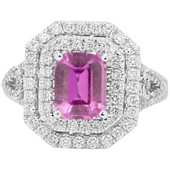 GIA Certified No Heat Pink Sapphire Diamond Double Halo Bridal Fashion  Ring