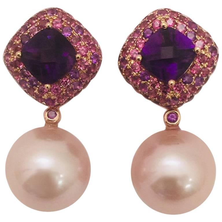 18 Karat Rose Gold Rhodolite Garnet Amethyst and Freshwater Pearl Earrings For Sale