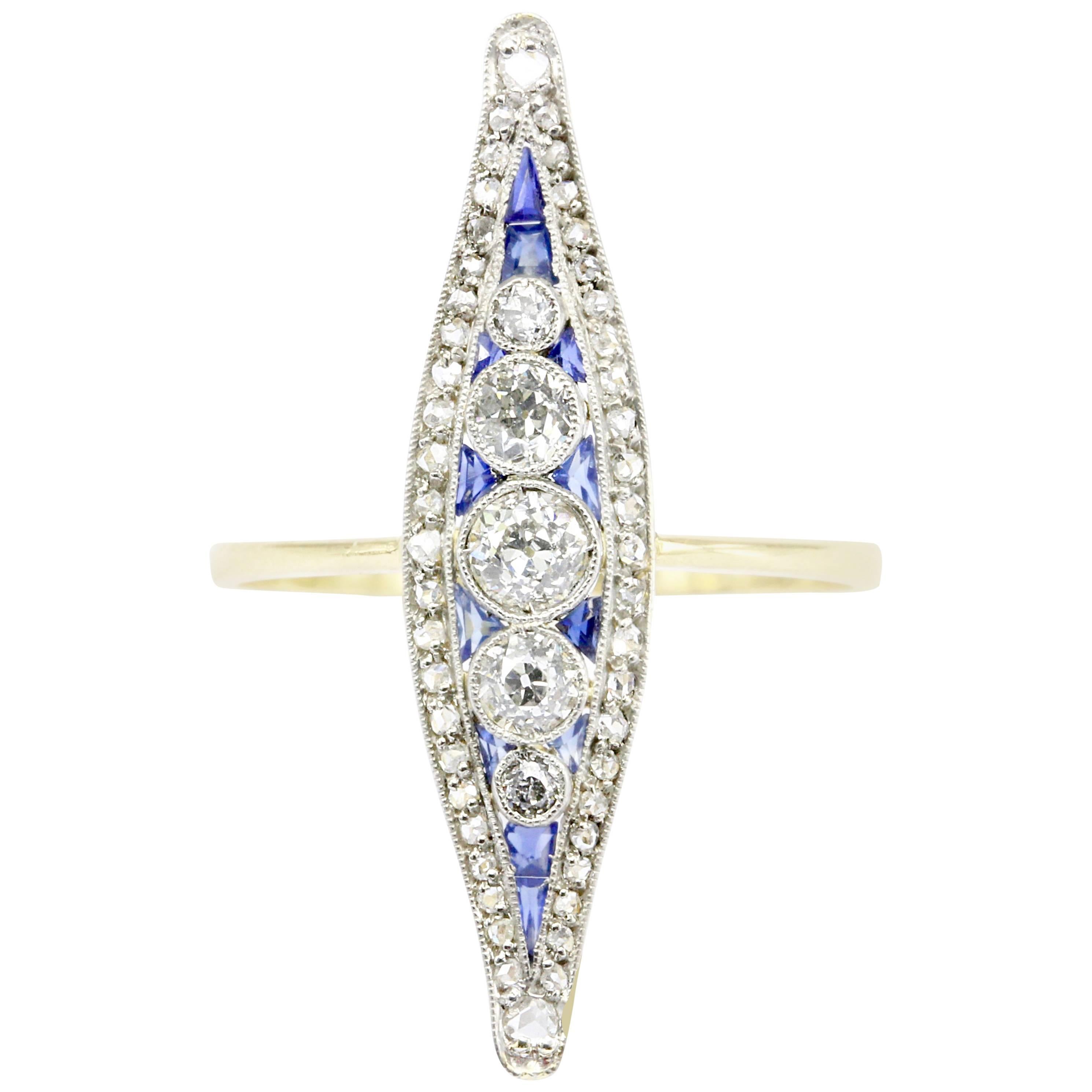 Edwardian Diamond and Sapphire Navette Ring, circa 1900s