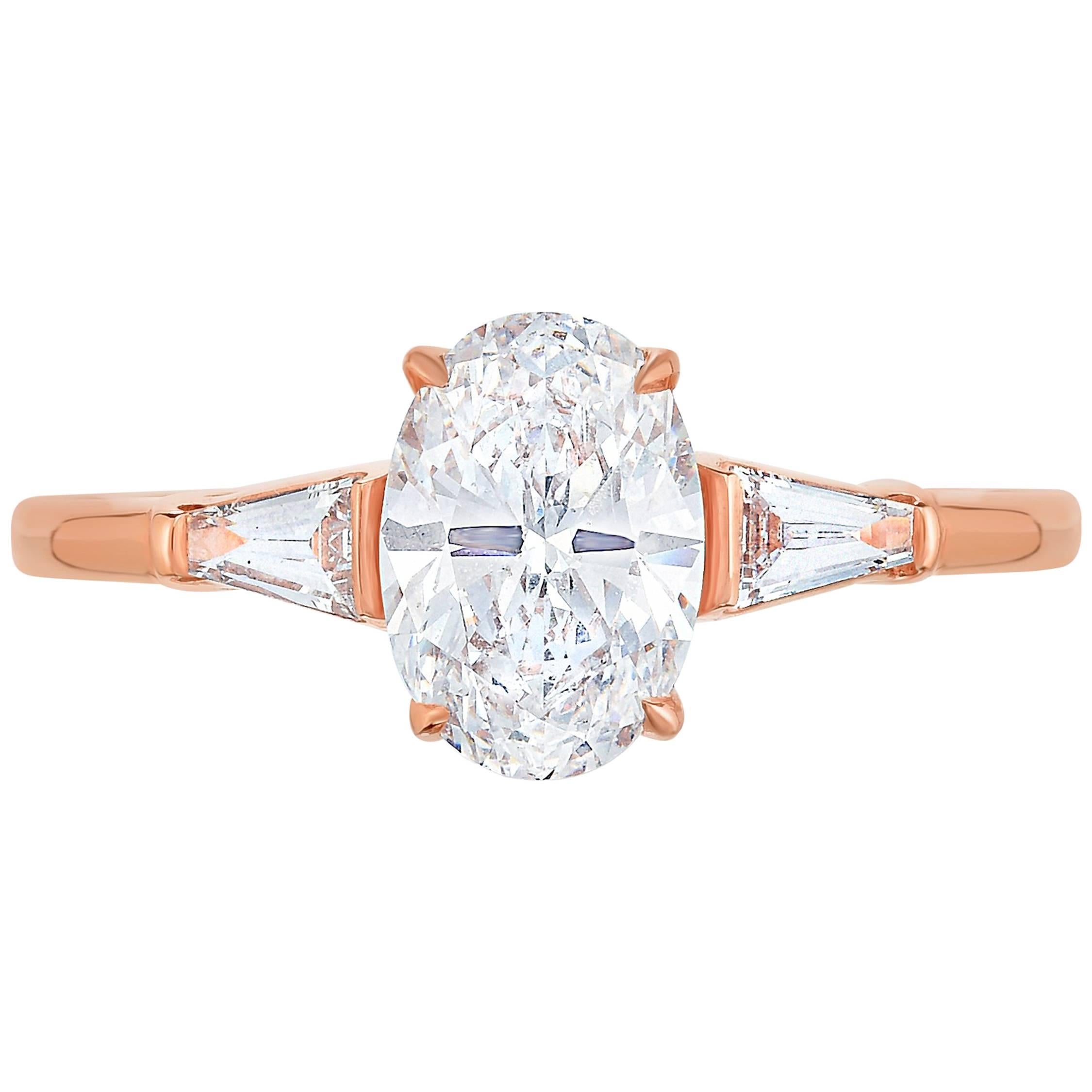 Marisa Perry Three-Stone Engagement Ring Oval Tapered Baguettes in Rose Gold