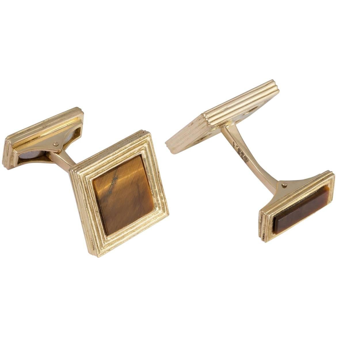 Daou 18K Yellow Gold and Tiger's Eye Textured Handmade Square Cufflinks For Sale