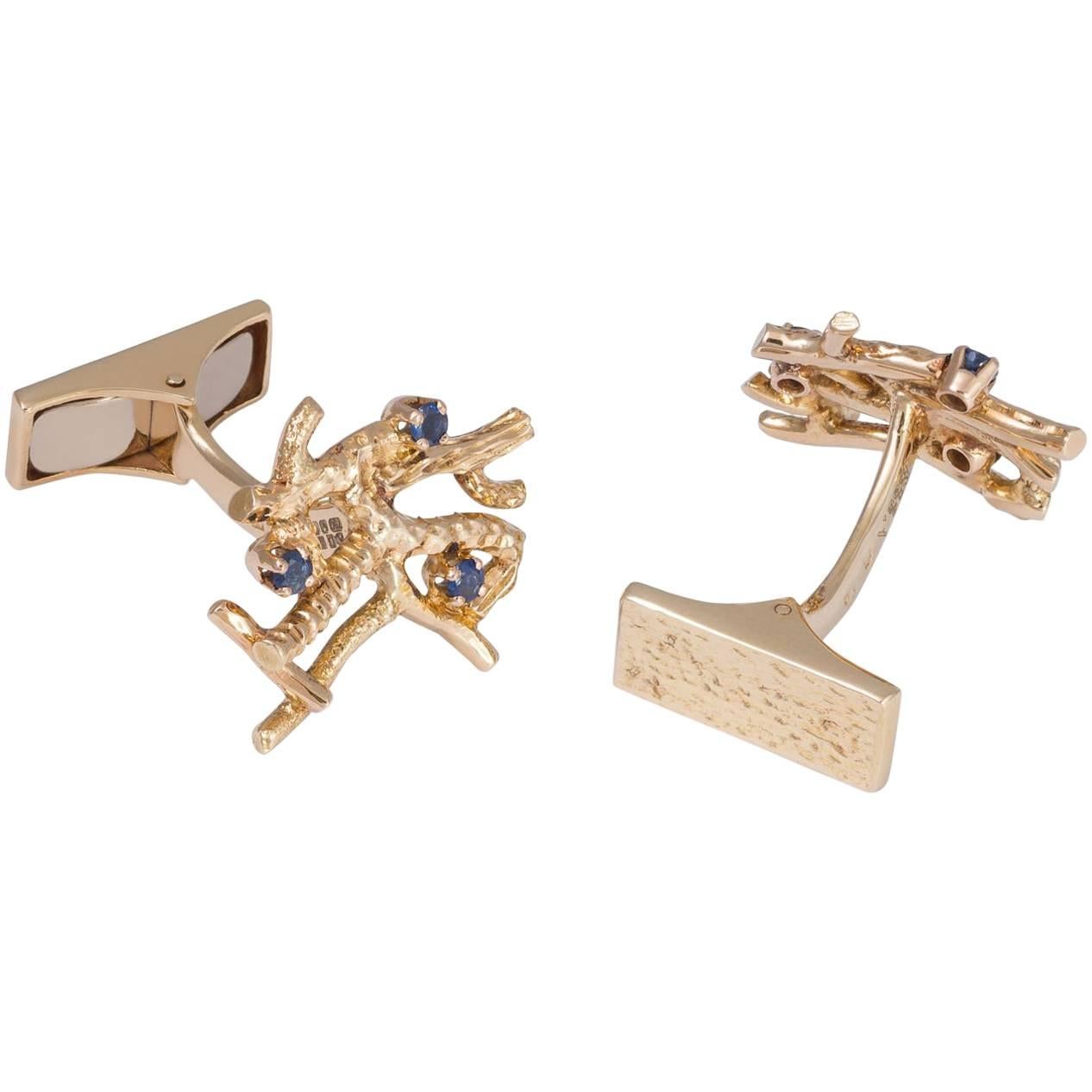 18K Yellow Gold Sapphire Handmade Textured Precious 'Old Branches' Cufflinks For Sale