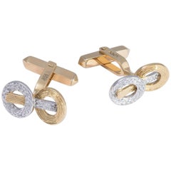 Vintage Daou 18K White Yellow Mixed Gold Hand Textured Circles and Bar Contrast Cufflink