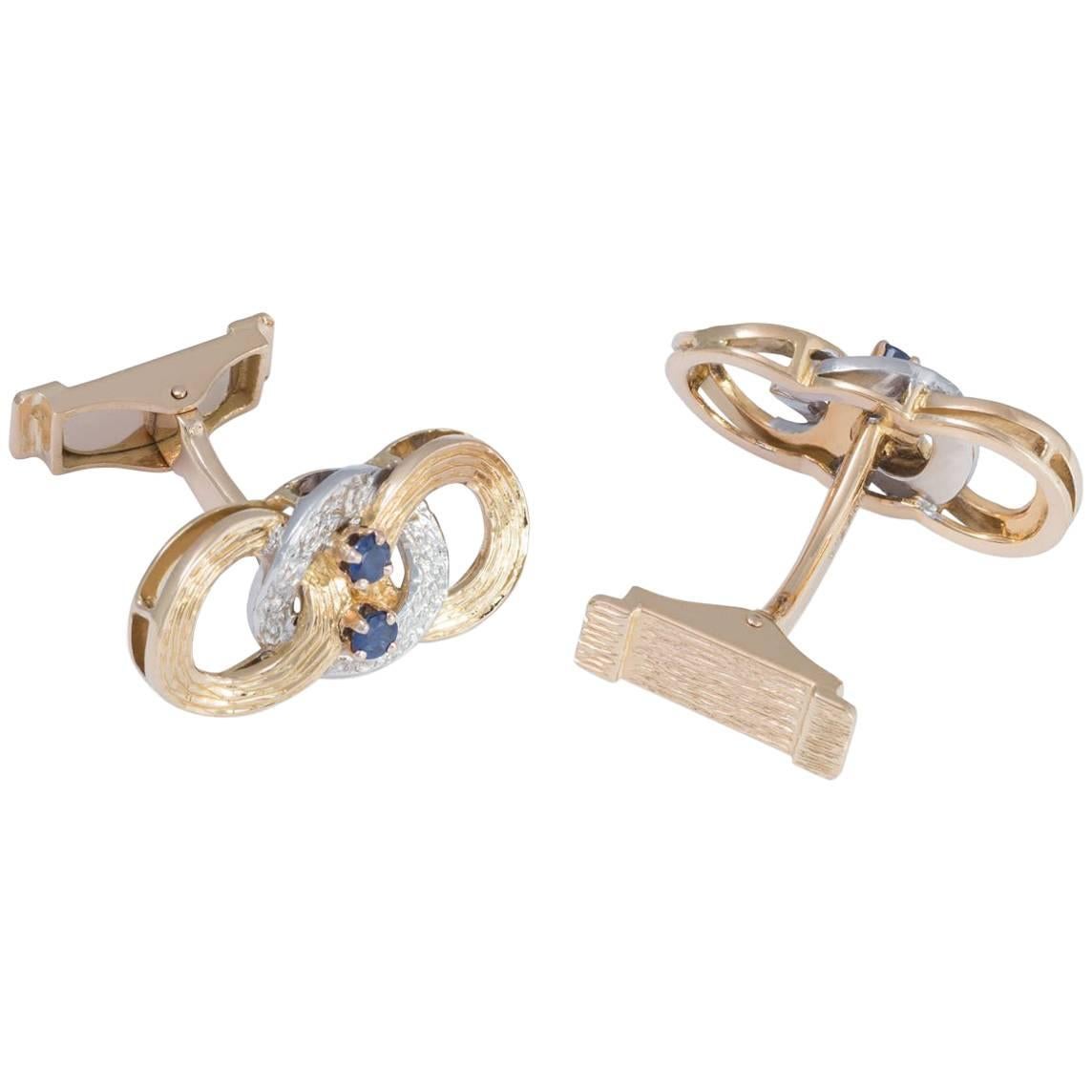 Daou Yellow Gold and White Gold Hand Textured Circle Link Sapphire Cufflinks