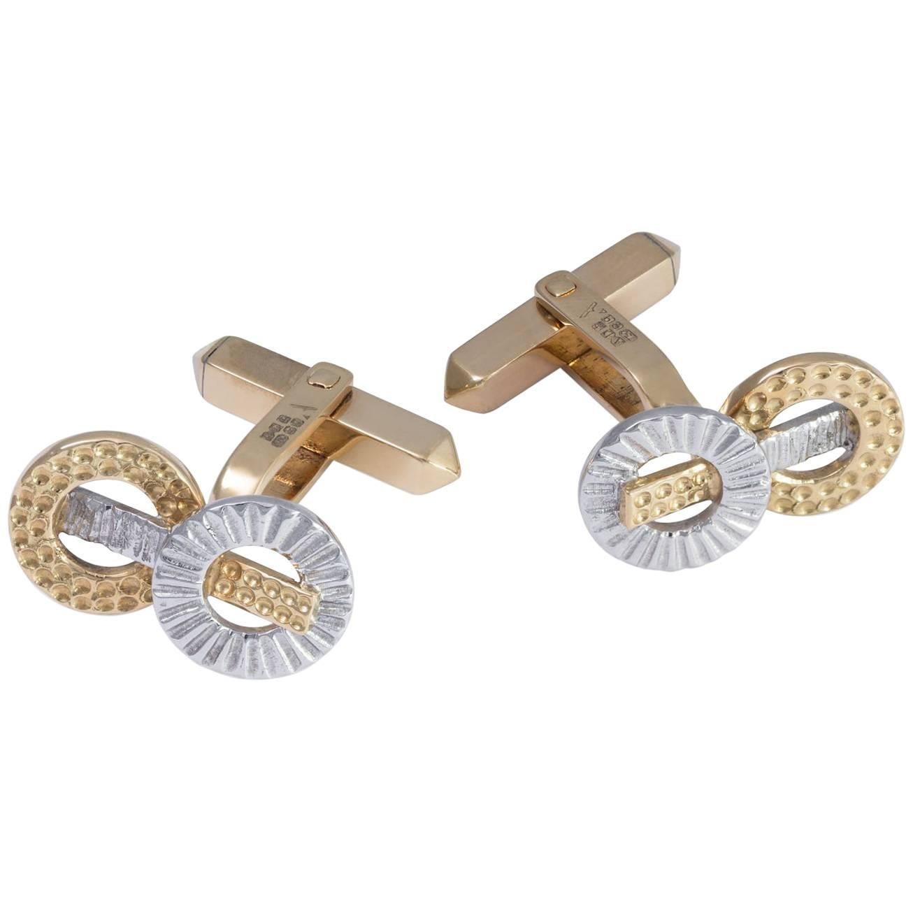 Daou 18K White and Yellow Mixed Gold Hand Textured Circles Bar Contrast Cufflink For Sale