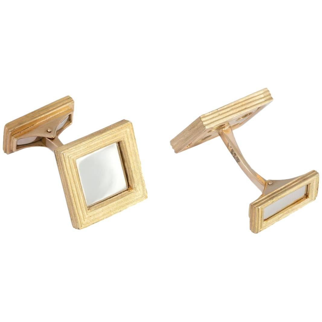 Daou 18K Yellow and White Mixed Gold Textured Mirror Handmade Square Cufflinks For Sale