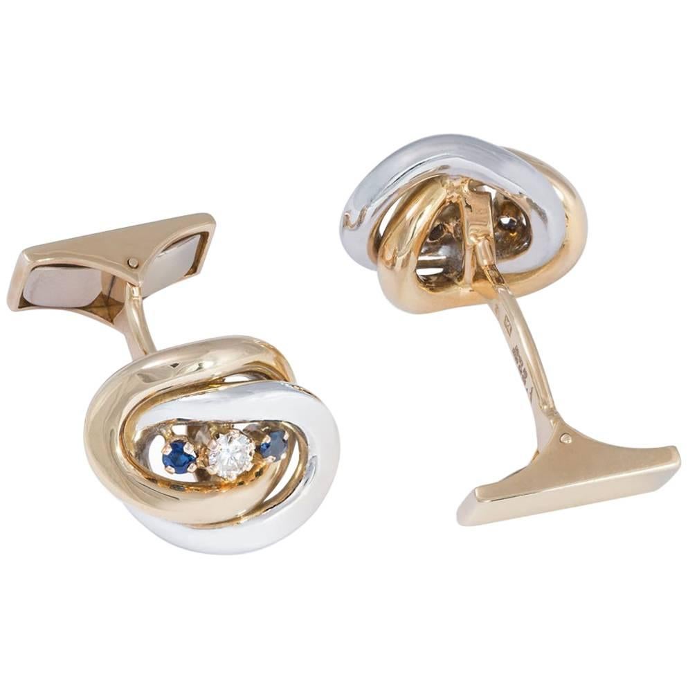 Daou 18K Yellow Gold and White Gold Mixed Links Sapphire and Diamond Cufflinks For Sale