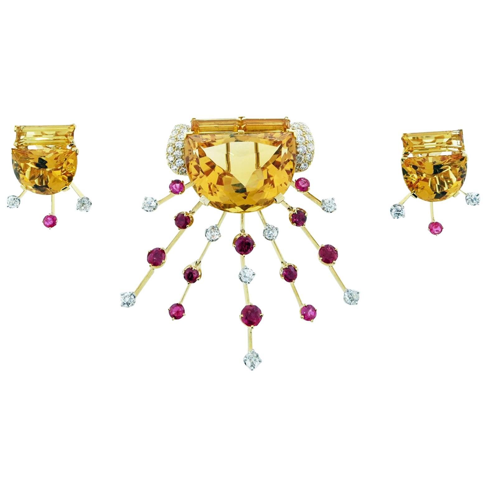 Fantastic 1950s Citrine Ruby and Diamond Brooch and Earring Set For Sale