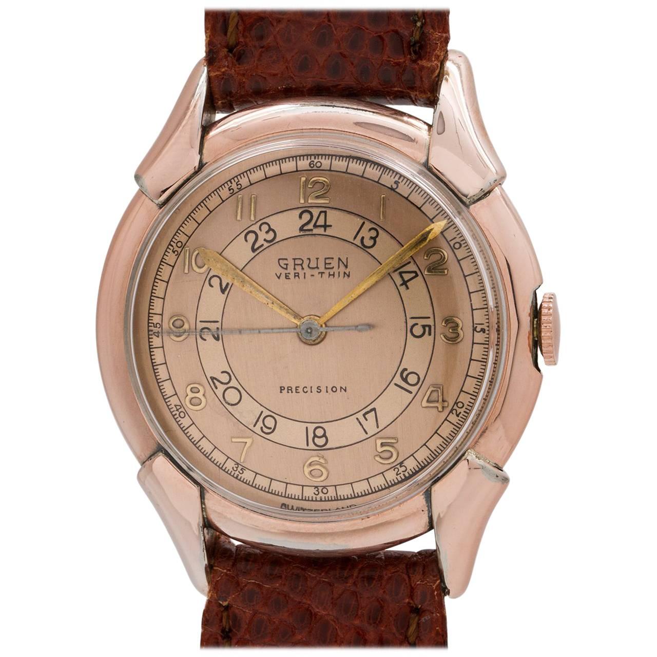 Gruen Rose Gold and Gold Filled Pan American Manual Wristwatch, circa 1940s For Sale