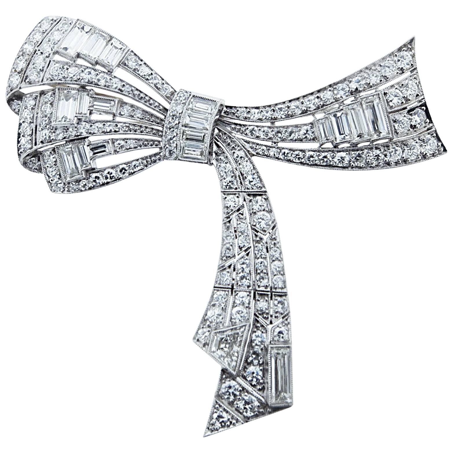 Platinum Art Deco Diamond Bow Brooch Necklace
