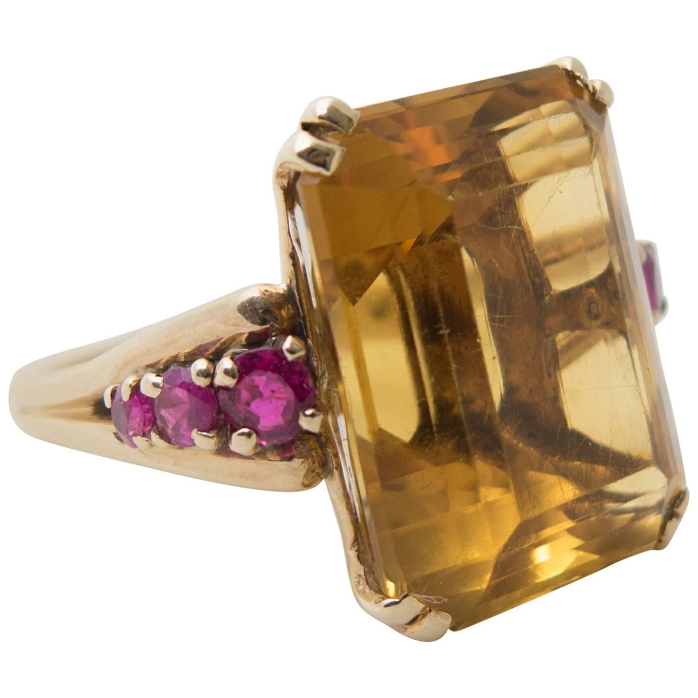 Retro Citrine and Ruby Gold Ring