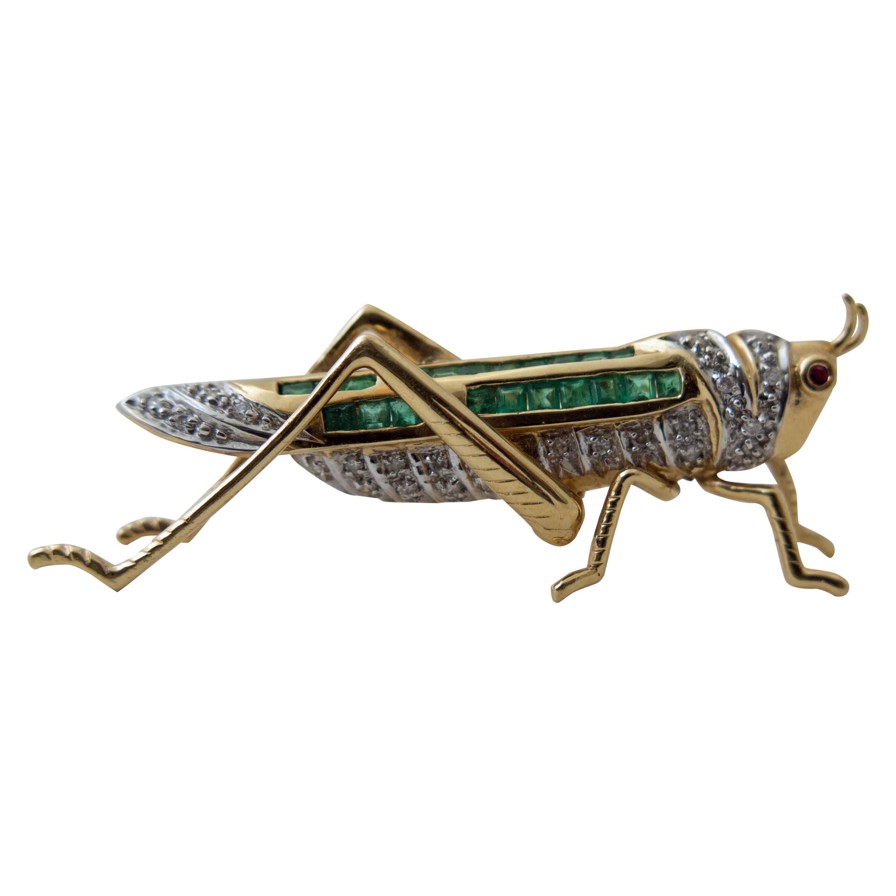 Grasshopper Emerald Diamond Gold Pin Brooch