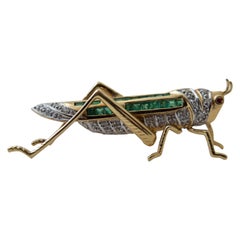 Vintage Grasshopper Emerald Diamond Gold Pin Brooch