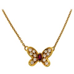 Van Cleef & Arpels Diamond Ruby Yellow Gold Butterfly Pendant Necklace