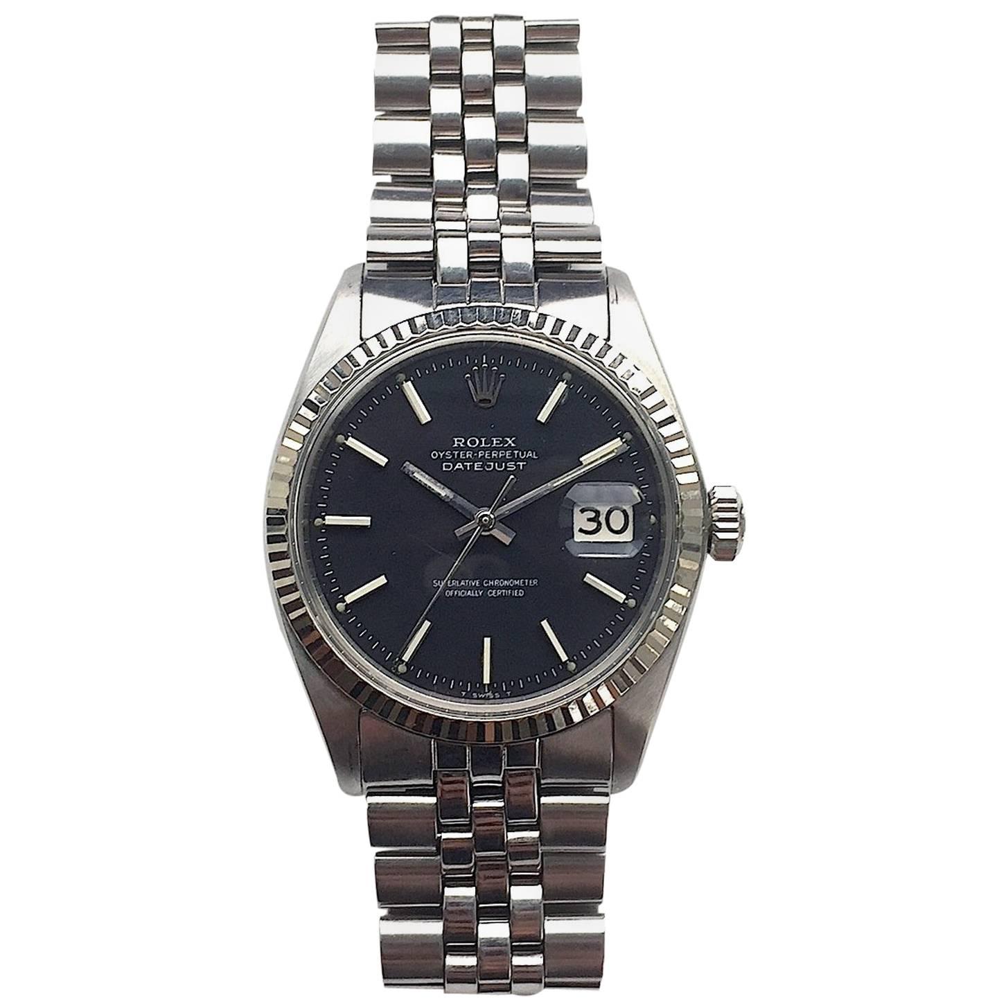 Rolex White Gold and Stainless Black Dial Oyster Perpetual Datejust Wristwatch