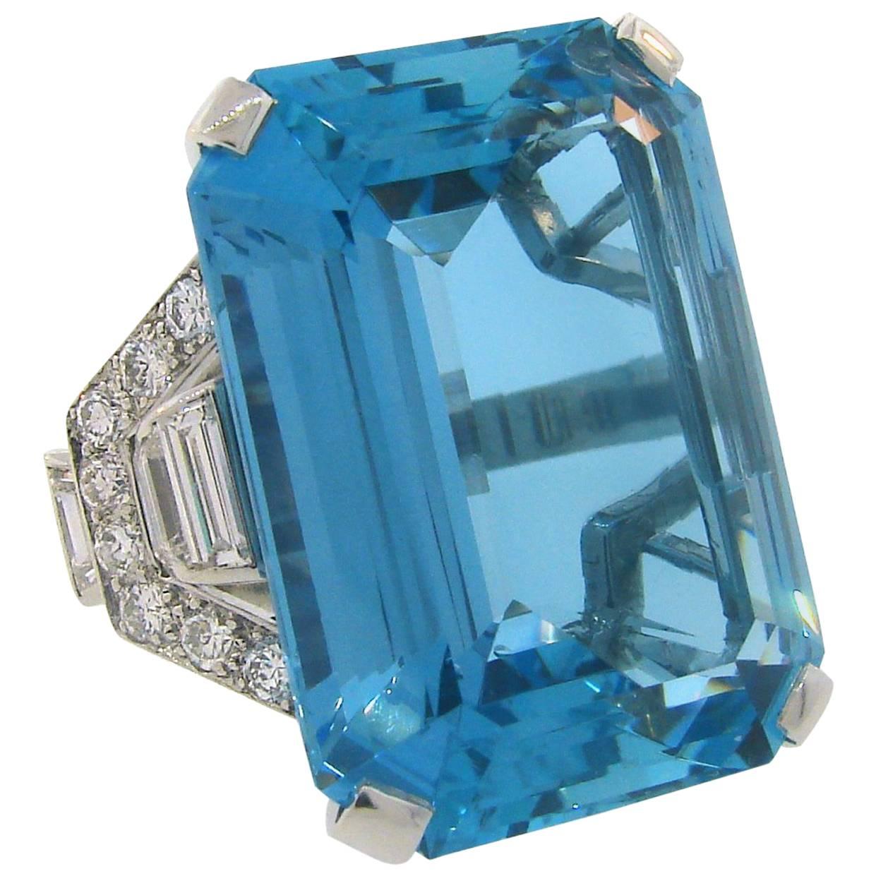  Asprey Aquamarine Diamond Platinum Cocktail Ring, Art Deco 1930s