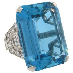 Vintage  Asprey Aquamarine Diamond Platinum Cocktail Ring, Art Deco 1930s