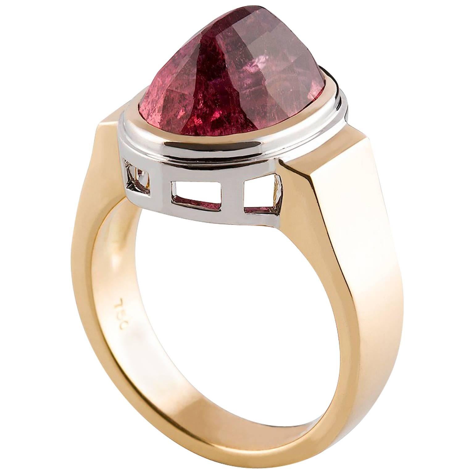 Artisan  7.38 Carat Orange- Pink Tourmaline Cocktail Ring In 18 Carat Two Tone Gold For Sale