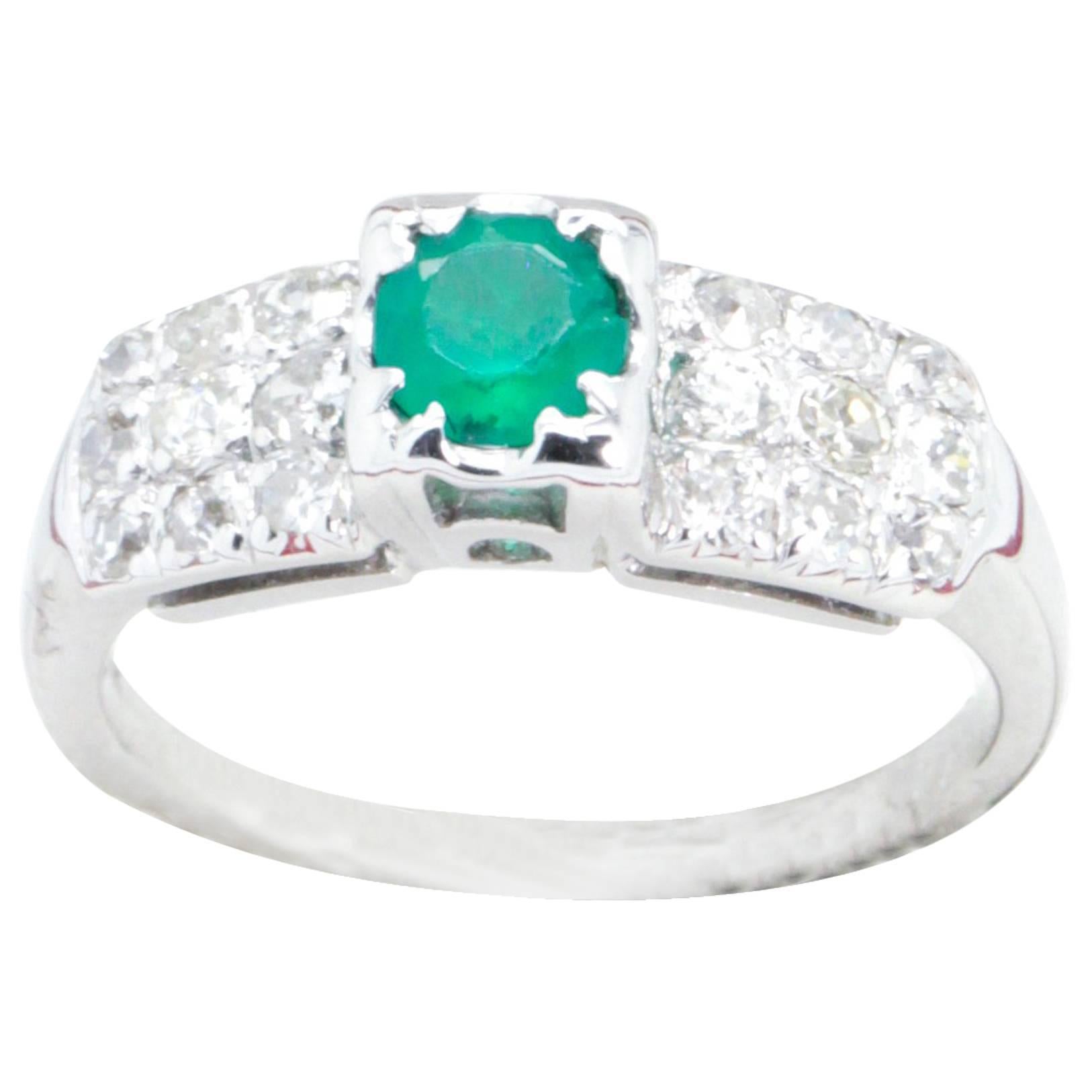 Vintage Emerald and Diamond Engagement Ring For Sale