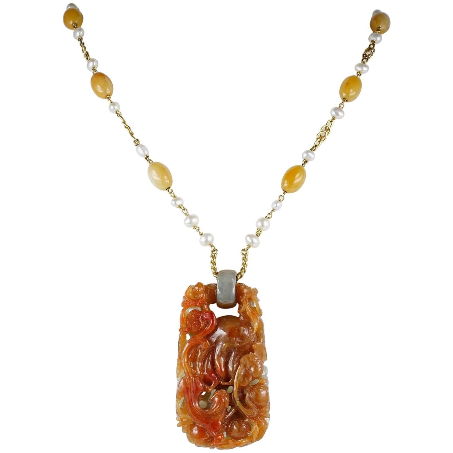 Antique Natural Jade Natural Pearl Rare Necklace For Sale