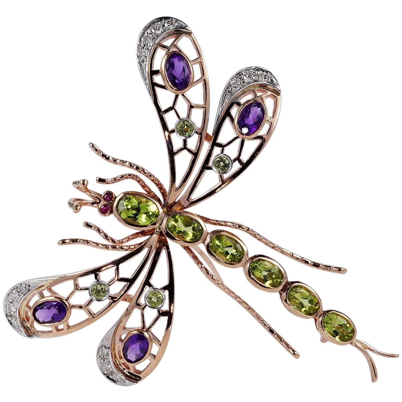 Large Retro Dragonfly Brooch Suffragette Colors Peridot Amethyst and Diamond For Sale