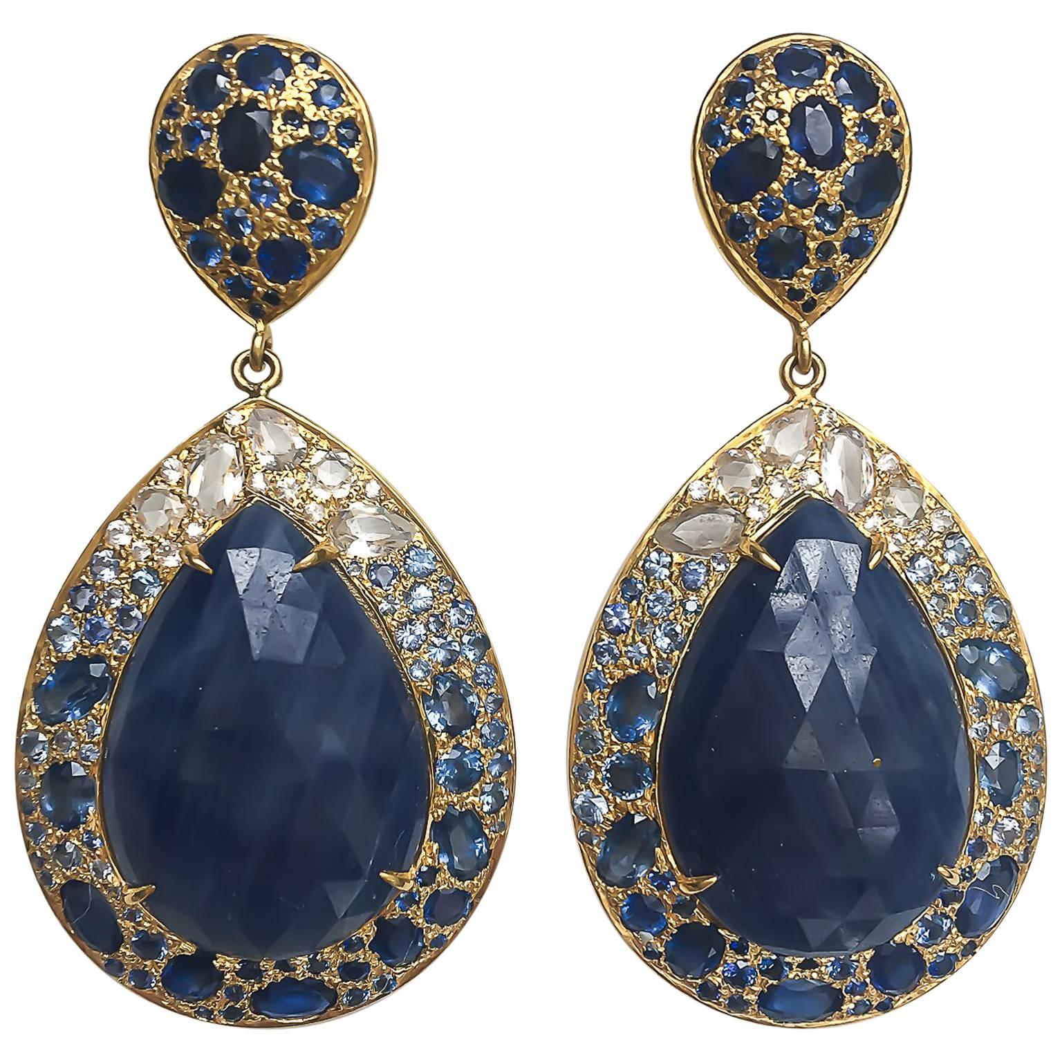 Lauren Harper Blue and White Sapphire, 18 Karat Gold Ombre Post Drop Earrings